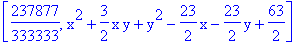 [237877/333333, x^2+3/2*x*y+y^2-23/2*x-23/2*y+63/2]